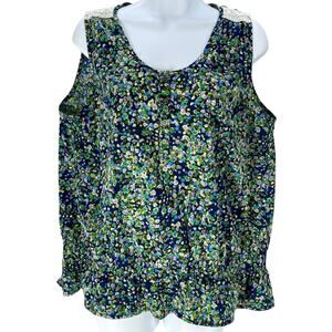 IZOD Blouse Women XL Blue Green Sleeveless Floral Colorful Fairy Garden Coquette